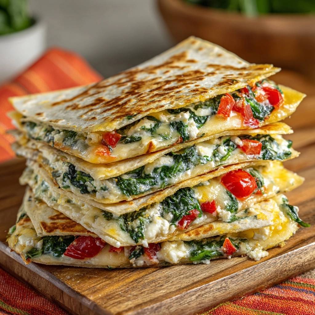 Knusprige Spinat-Paprika-Feta-Quesadillas im Querschnitt gestapelt, mit geschmolzenem Käse und roten Paprikastücken sichtbar.