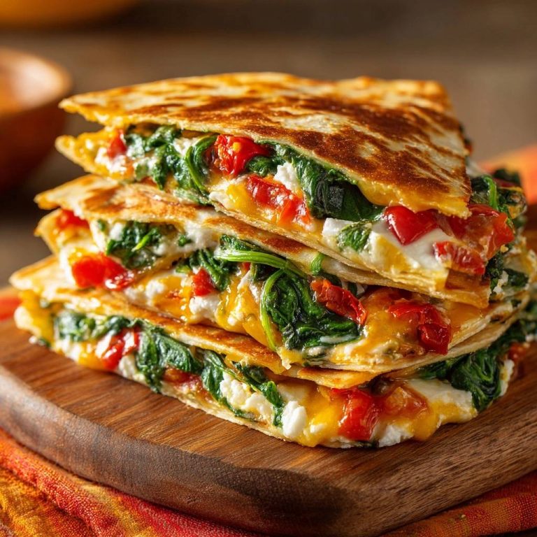 Knusprige Spinat-Paprika-Feta-Quesadillas im Querschnitt gestapelt auf einem Holzbrett, mit geschmolzenem Käse und frischem Spinat.