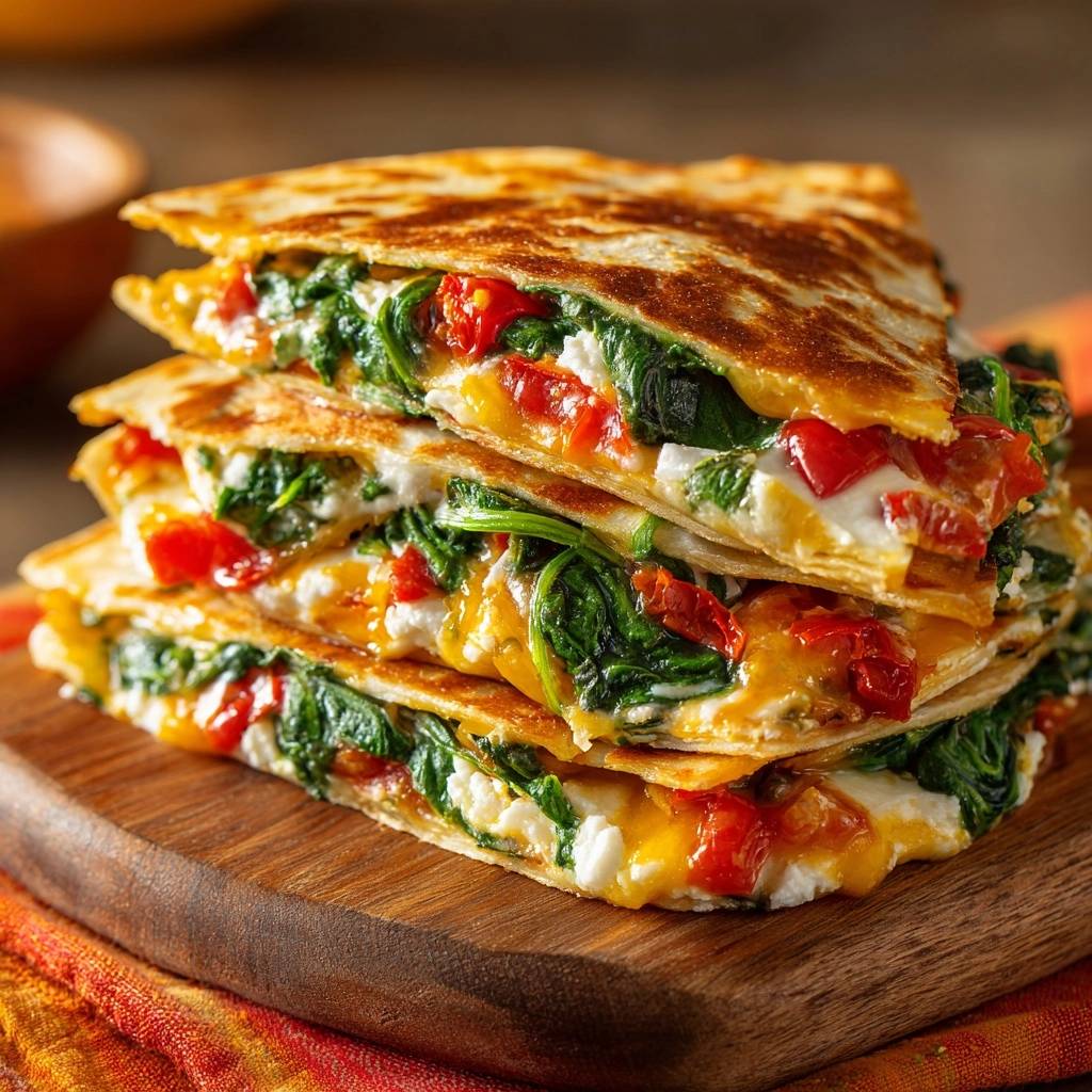 Knusprige Spinat-Paprika-Feta-Quesadillas im Querschnitt gestapelt auf einem Holzbrett, mit geschmolzenem Käse und frischem Spinat.