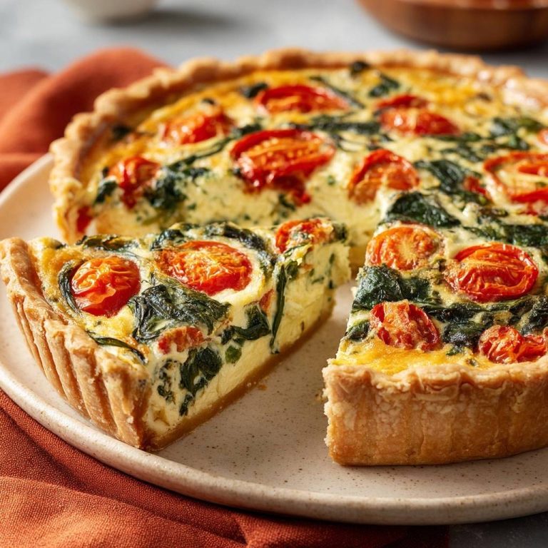 Spinat-Tomaten-Quiche angeschnitten auf einem Teller mit einem Stück herausgeschnitten, das die Füllung zeigt