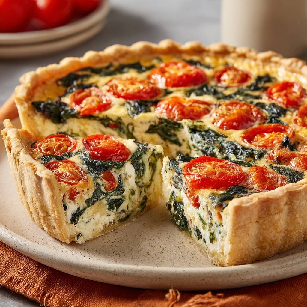 Spinat-Tomaten-Quiche angeschnitten mit einem Stück herausgenommen, das die cremige Füllung und die Kirschtomaten zeigt.