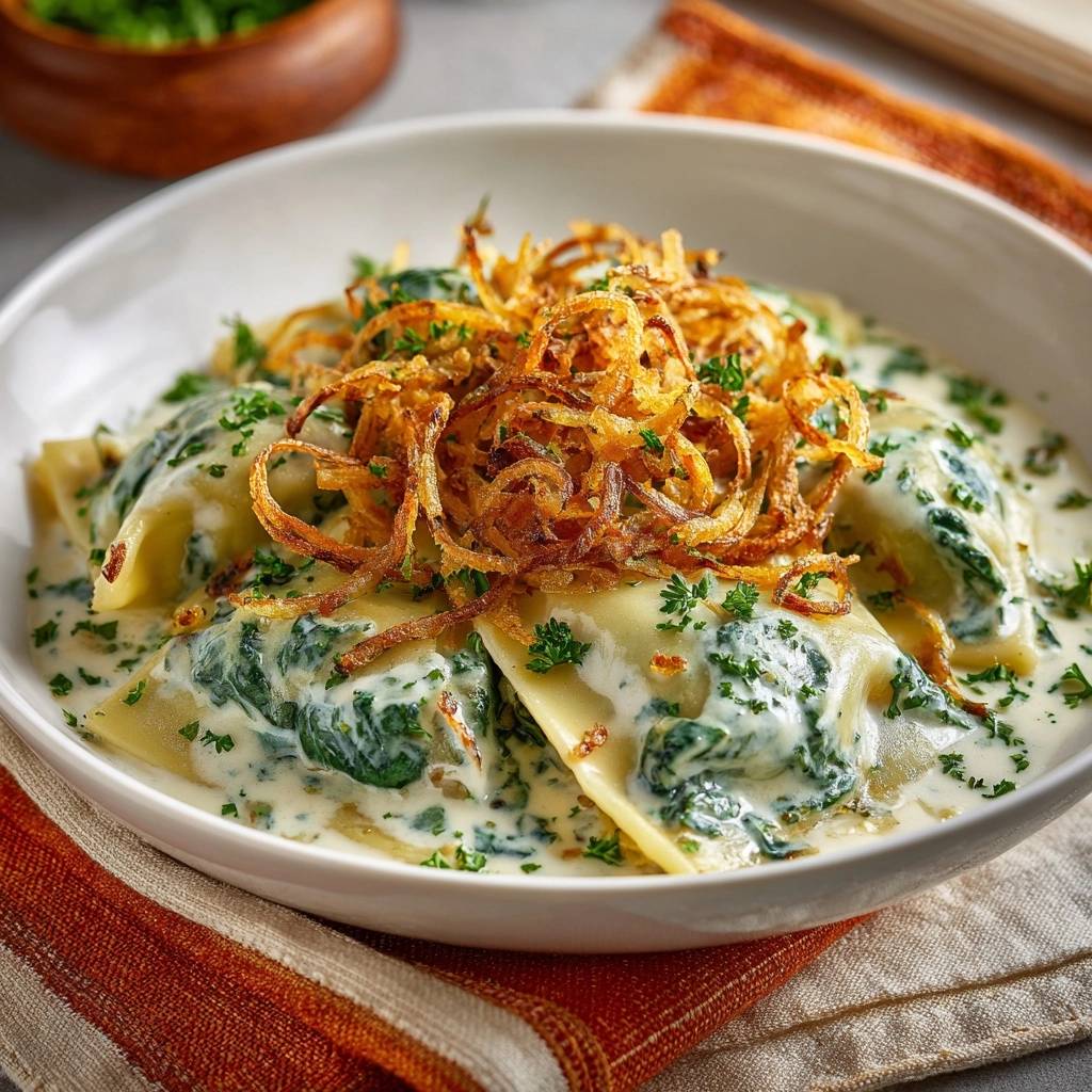 Spinatravioli in cremiger Soße mit knusprigen Zwiebeln, nahaufnahme der gefüllten Pasta mit Spinat und Soße, garniert mit Petersilie