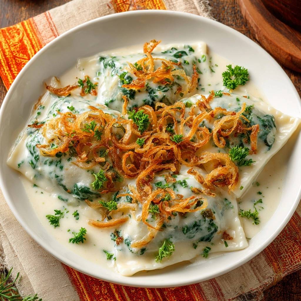 Spinatravioli in cremiger Soße mit knusprigen Zwiebeln und Petersilie garniert, Nahaufnahme der cremigen Sauce