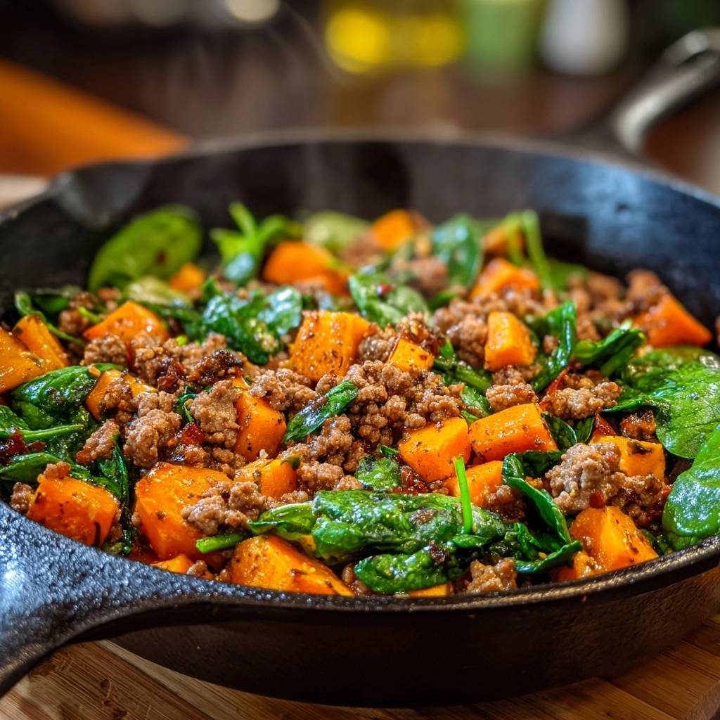 Süßkartoffel-Hack-Pfanne mit Spinat, eine dampfende Nahaufnahme direkt aus der Pfanne mit sichtbaren Süßkartoffelstücken und Hackfleisch.