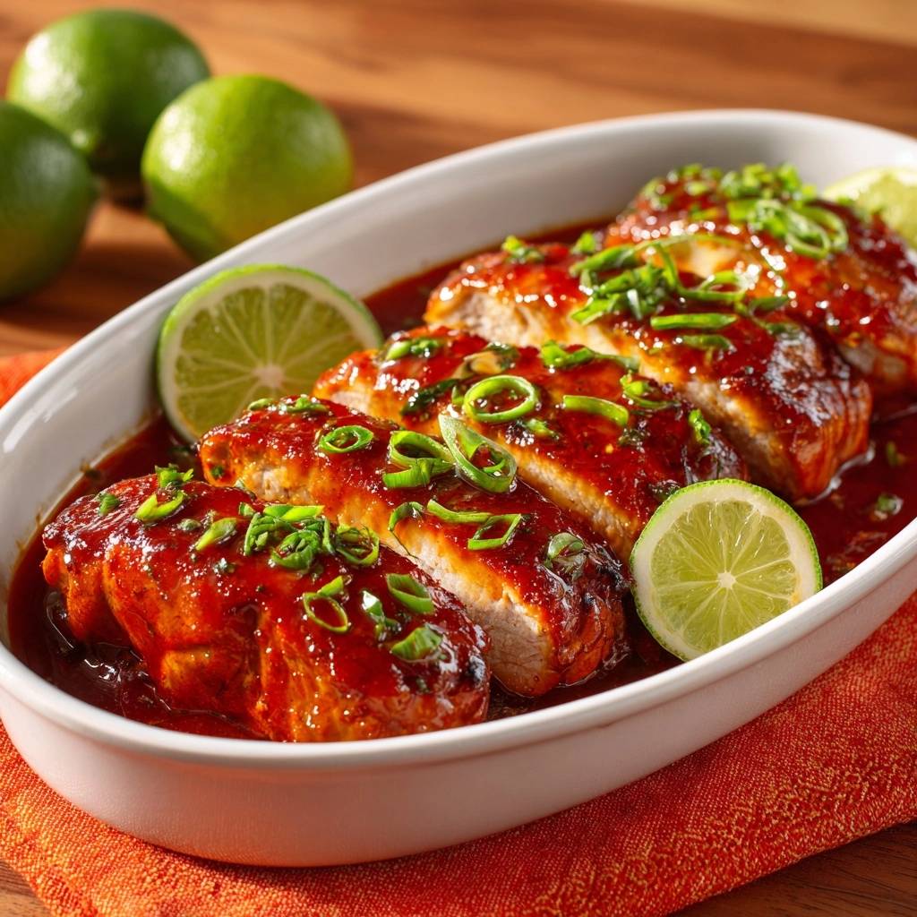 Teriyaki-Hähnchen mit Limette, in Scheiben geschnitten und mit Frühlingszwiebeln garniert, in einer Auflaufform serviert