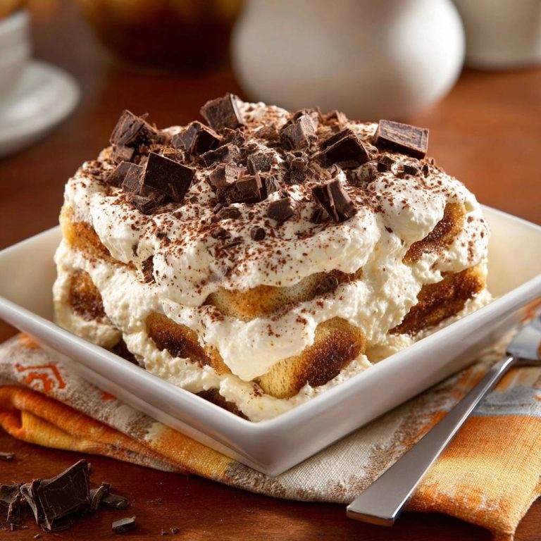 Perfektes Tiramisu mit Schokoladenstücken und Kakaopulver garniert, Nahaufnahme der cremigen Schichten.
