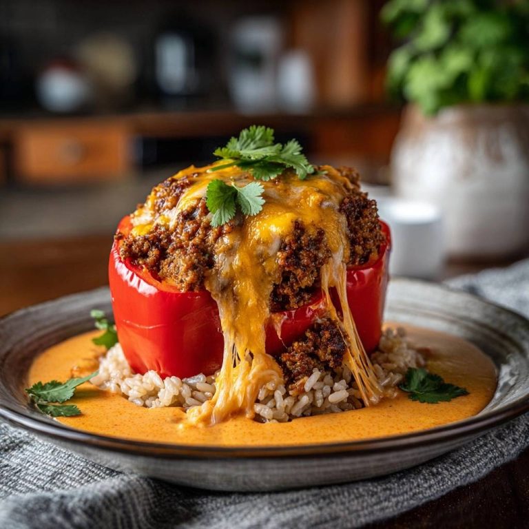 Überbackene Hack-Paprika auf cremiger Currysauce, mit geschmolzenem Käse, der aus der Füllung tropft.