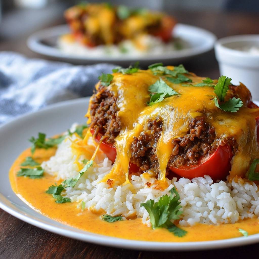 Überbackene Hack-Paprika auf cremiger Currysauce, serviert mit Reis und garniert mit Koriander, detailreiche Nahaufnahme