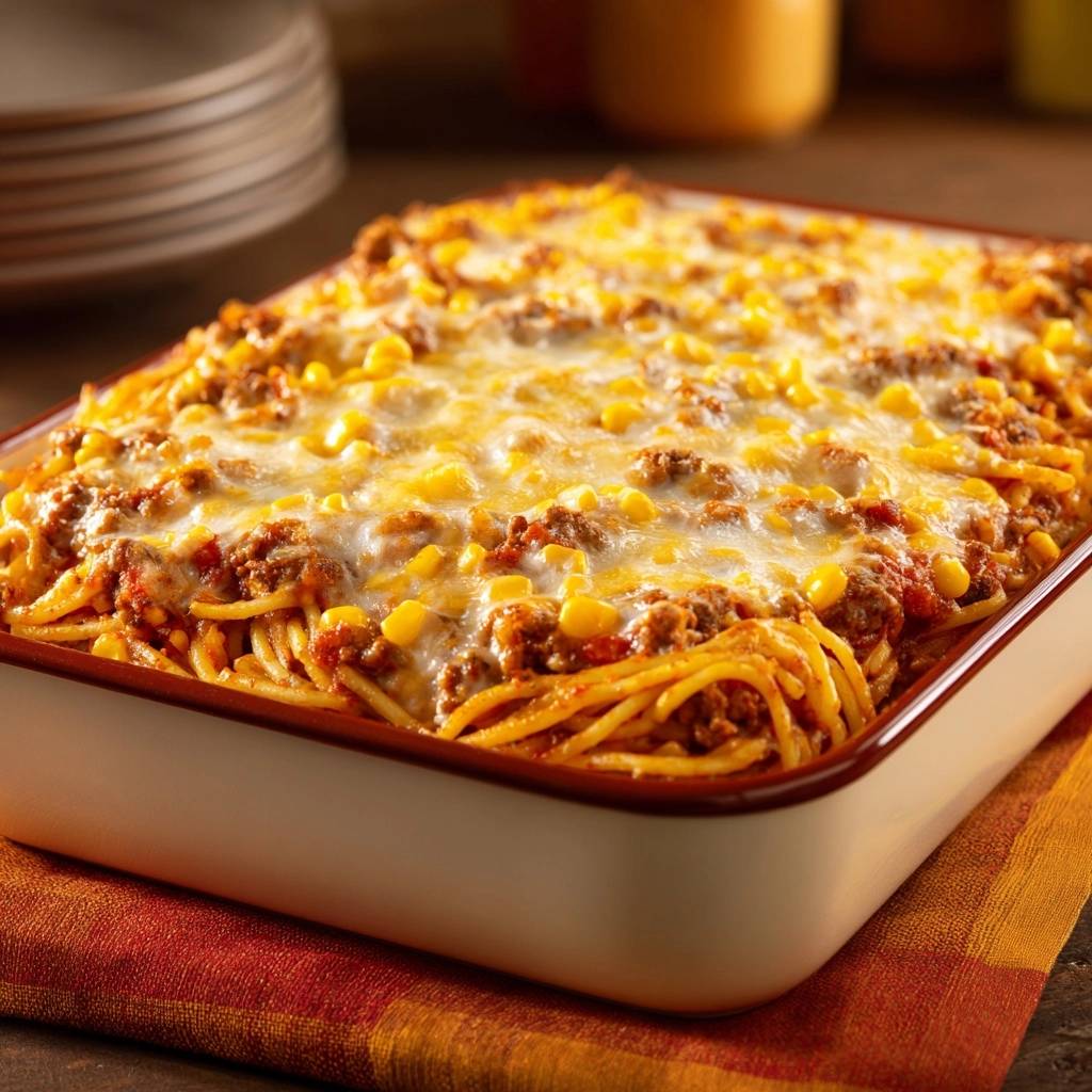Überbackene Spaghetti mit Hackfleisch, Mais und Käse als Nahaufnahme aus der Auflaufform.