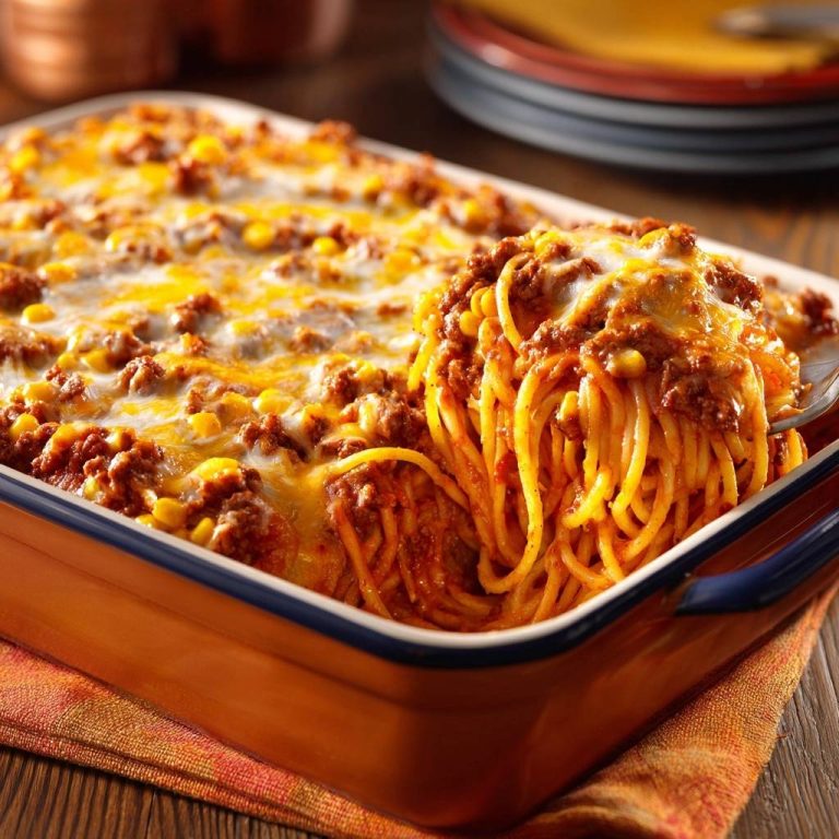 Überbackene Spaghetti mit Hackfleisch, Mais und Käse als Nahaufnahme mit geschmolzenem Käse und Nudeln auf einer Gabel.