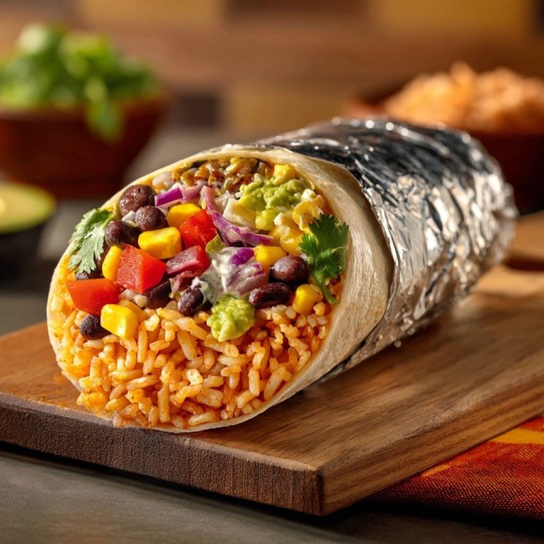 Ultimativer Veggie-Burrito mit sichtbaren Zutaten wie Reis, schwarzen Bohnen, Mais und Guacamole, appetitlich angerichtet.