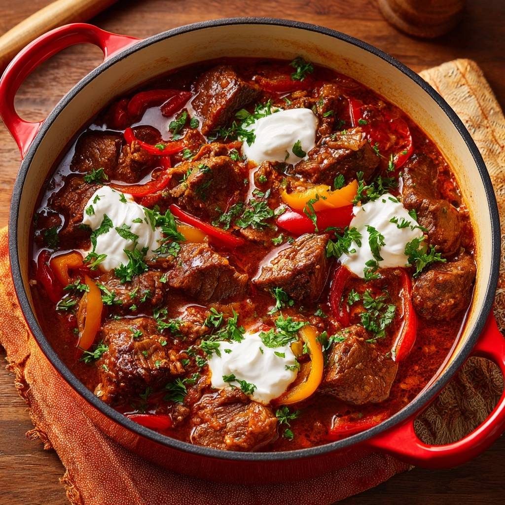 Ungarisches Paprikagulasch mit zarten Fleischstücken und Paprika, garniert mit Klecksen von Sauerrahm und frischer Petersilie.