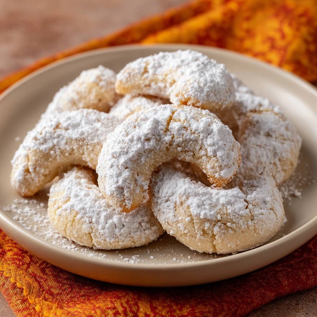 Vanillekipferl mit Puderzucker bedeckt auf einem Teller, eine Nahaufnahme der gebackenen Kekse.