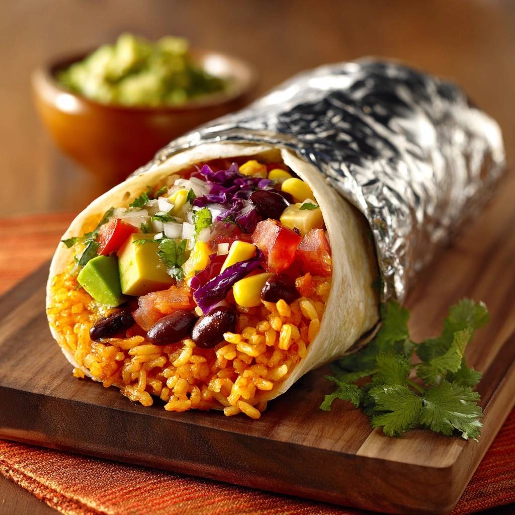 Ultimativer Veggie-Burrito als Nahaufnahme mit frischem Guacamole im Hintergrund und bunter Füllung sichtbar.