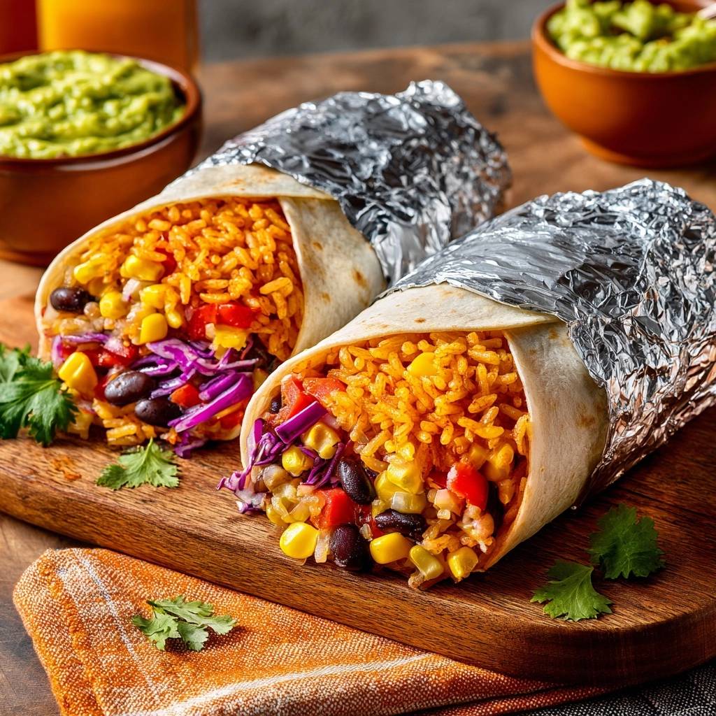 Saftige Veggie-Burritos mit Koriander garniert, Nahaufnahme der gefüllten Tortillas auf einem Holzbrett