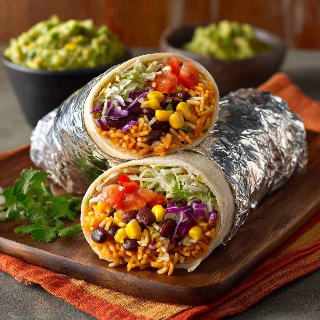 Saftige Veggie-Burritos im Querschnitt, gefüllt mit Reis, schwarzen Bohnen, Mais, Tomaten und Salat, daneben Guacamole.