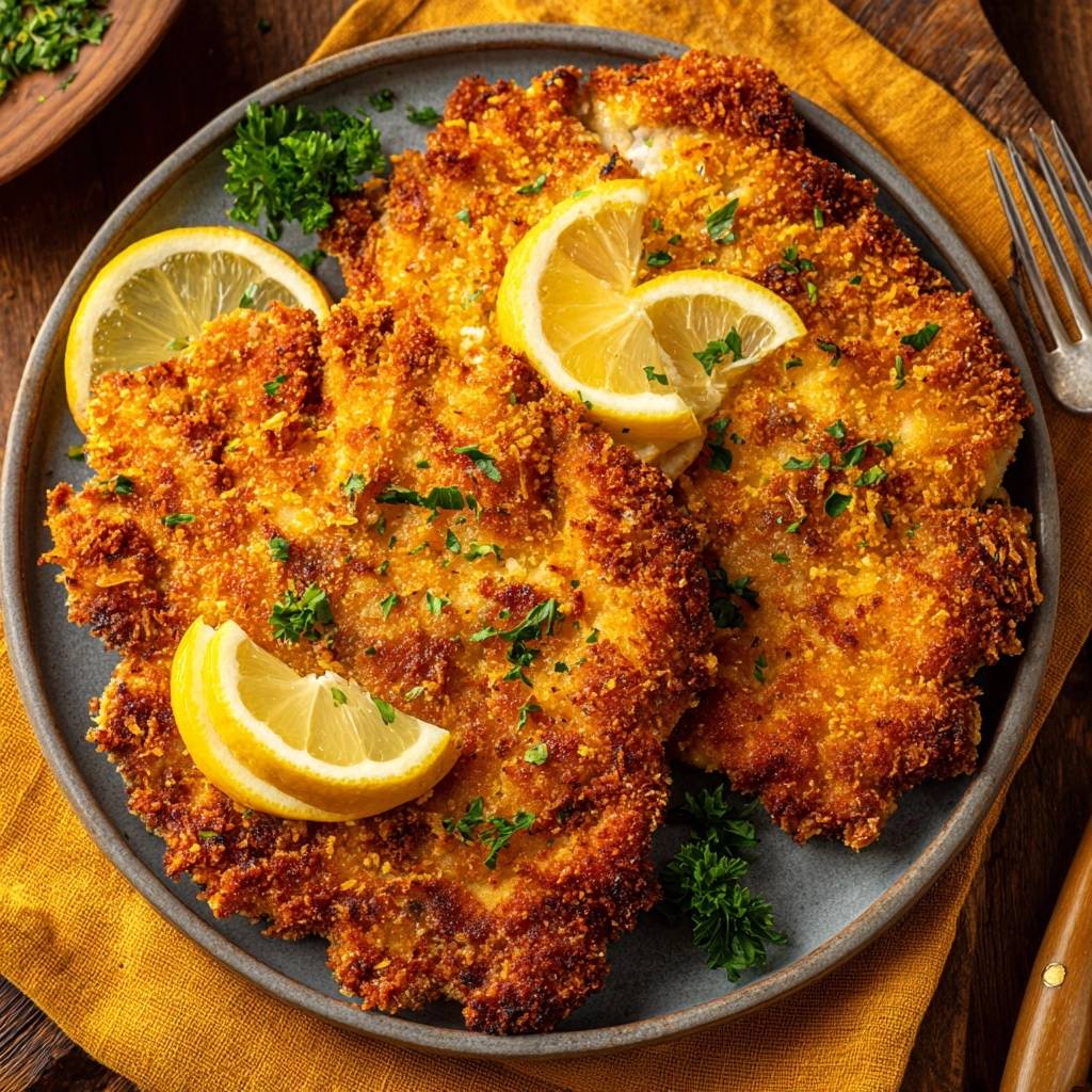 Knuspriges Wiener Schnitzel auf einem Teller garniert mit Zitronenscheiben und frischer Petersilie, nahaufnahme