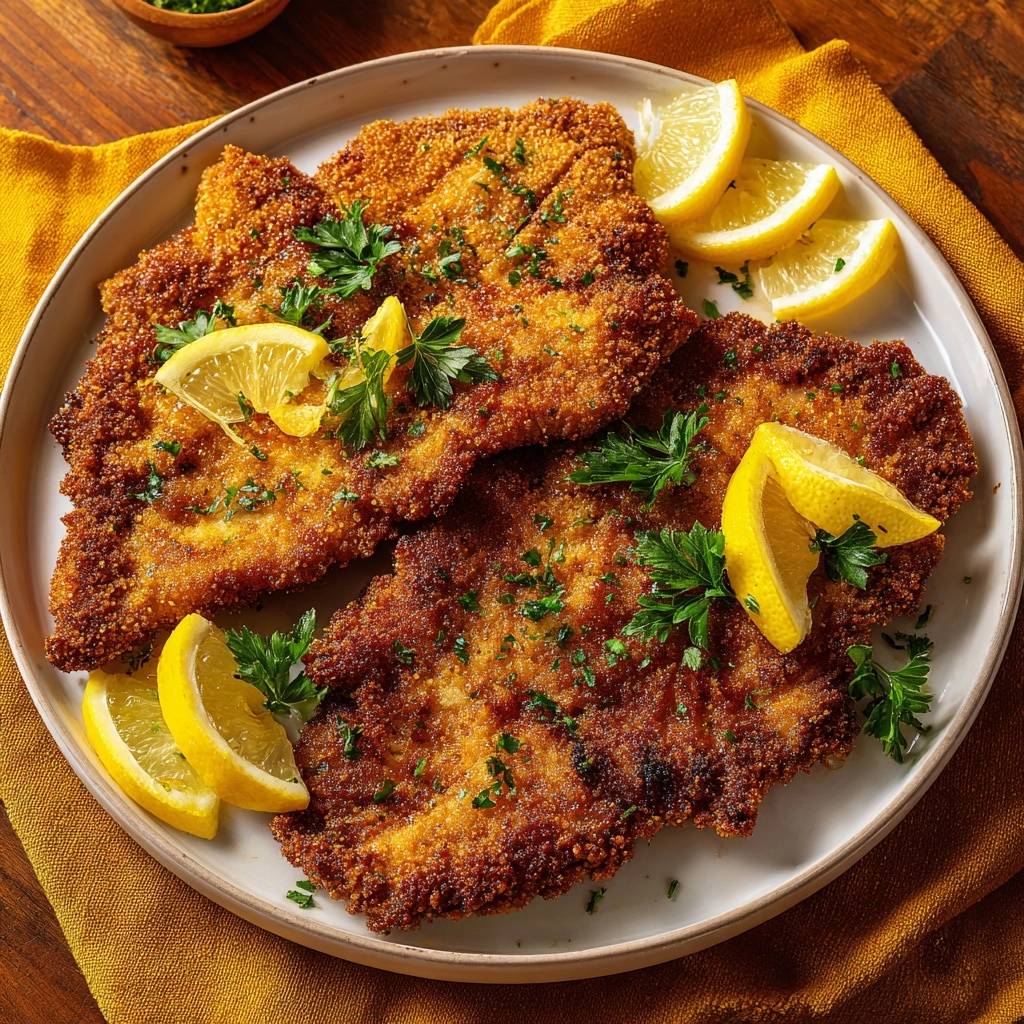 Knuspriges Wiener Schnitzel, garniert mit Zitronenspalten und Petersilie, auf einem Teller serviert.
