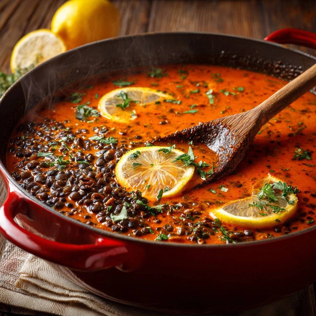 Würzige Tomaten-Linsensuppe mit Zitrone und Petersilie, nahaufnahme der dampfenden Suppe mit Linsen und Zitronenscheiben garniert.