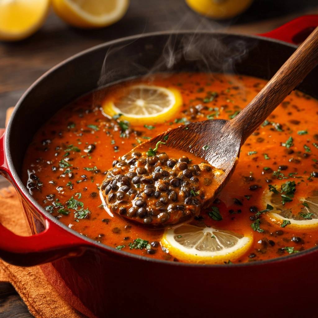 Würzige Tomaten-Linsensuppe mit einem Holzlöffel voller bissfester Linsen, garniert mit Zitronenscheiben.