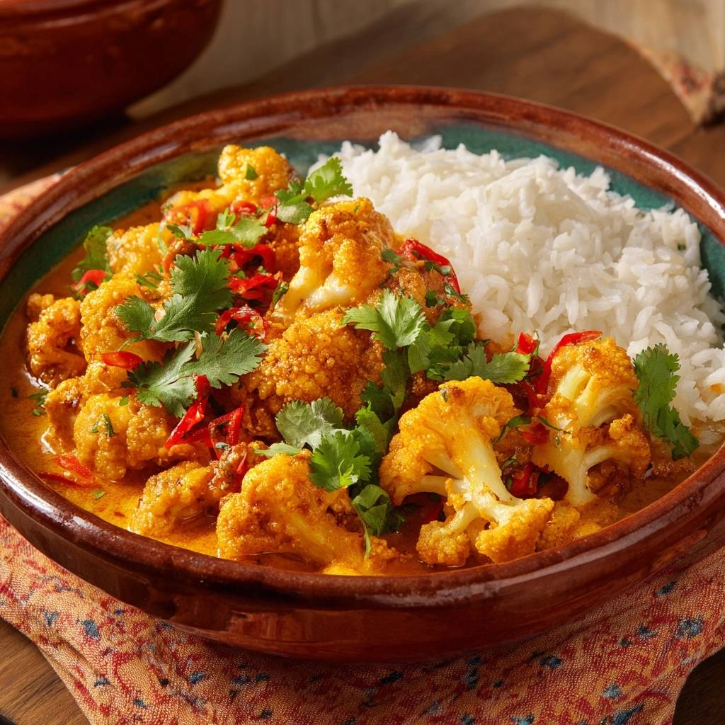 Würziges Blumenkohl-Curry mit Reis, serviert in einer braunen Schüssel und garniert mit Koriander und Chili.