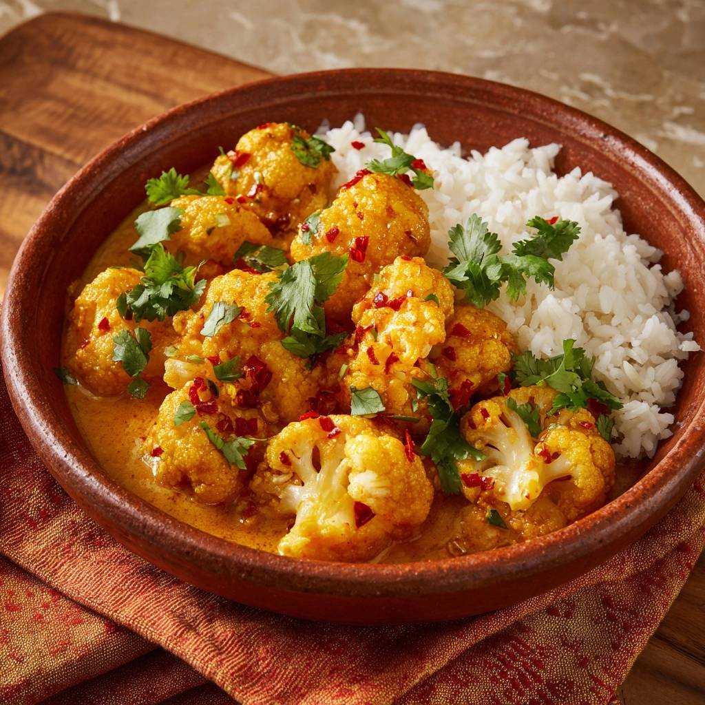 Würziges Blumenkohl-Curry mit Reis, nah aufgenommen mit frischen Korianderblättern und Chiliflocken garniert.