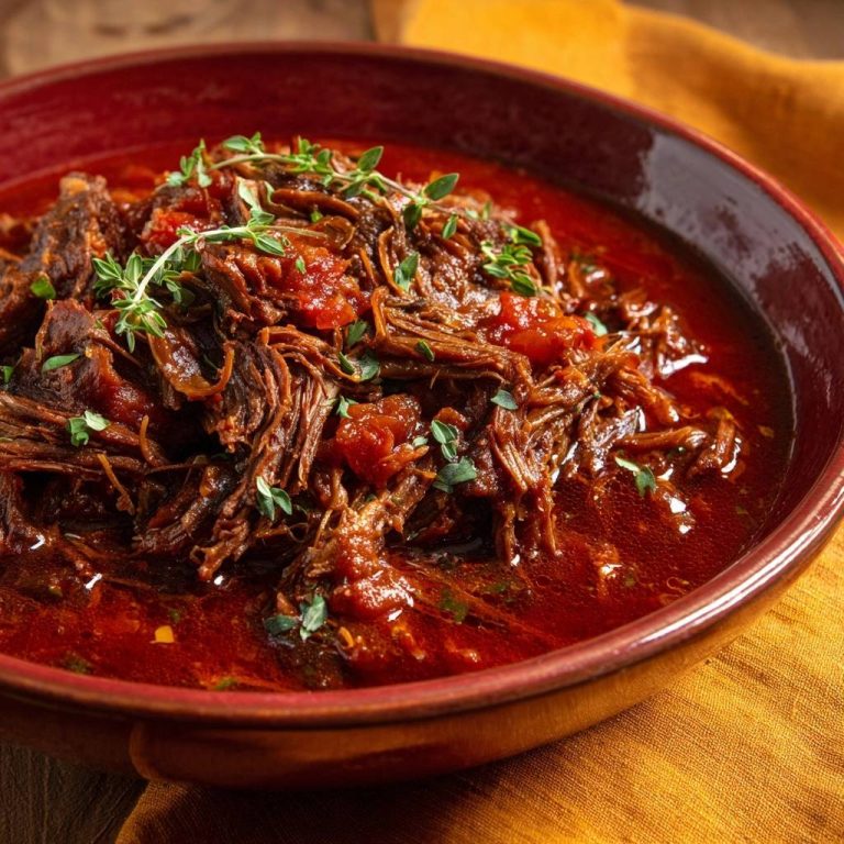 Zartes Rindfleischragout in Tomatensoße, garniert mit frischen Kräutern, in einer roten Schüssel serviert