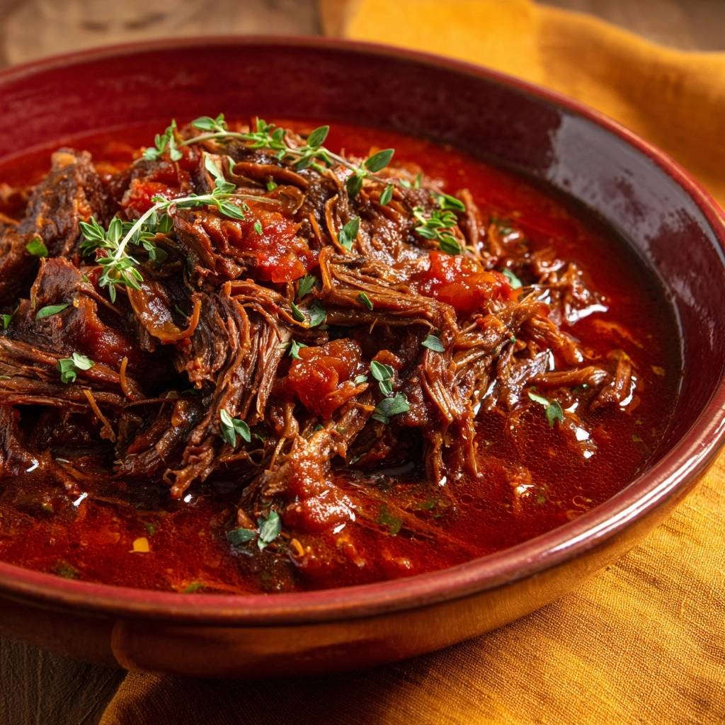 Zartes Rindfleischragout in Tomatensoße, garniert mit frischen Kräutern, in einer roten Schüssel serviert