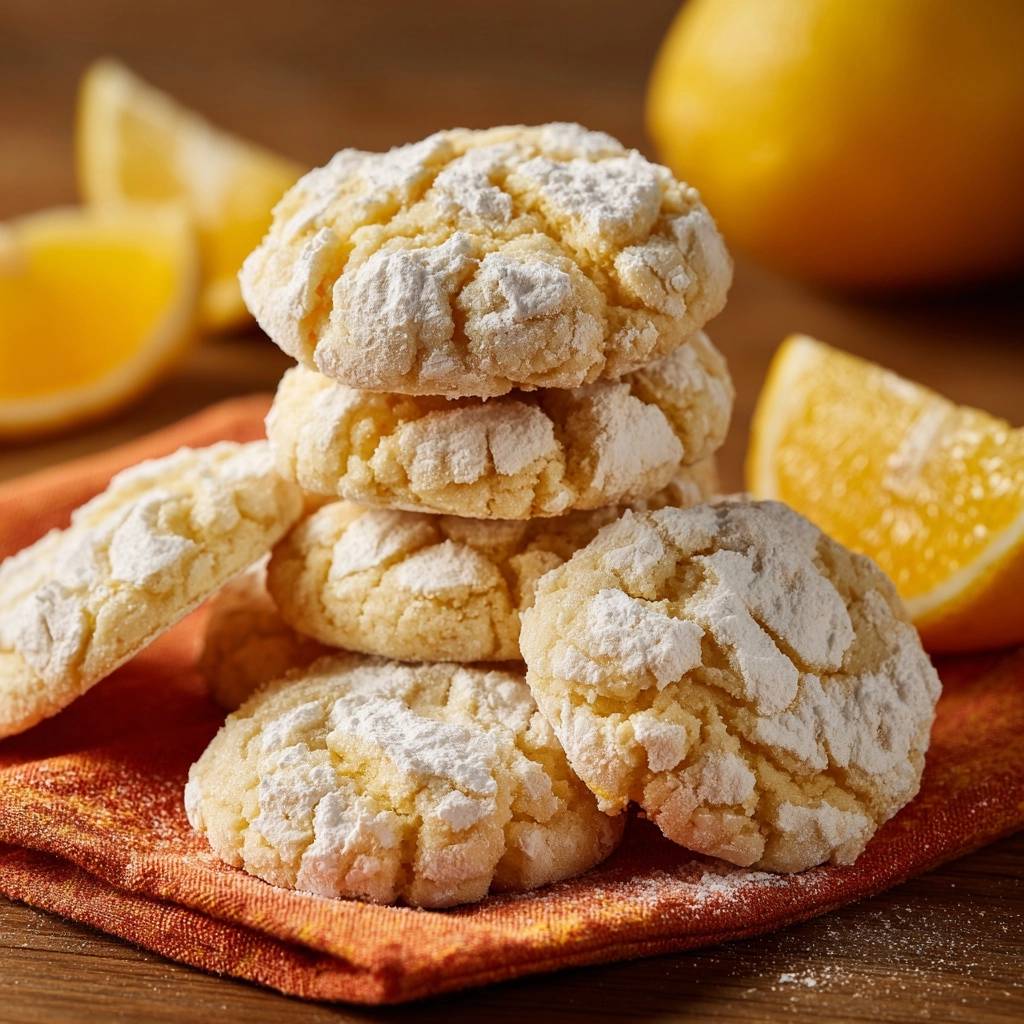 Zitronen-Crinkle-Cookies als Nahaufnahme eines gestapelten Haufens mit Puderzucker bestäubt.