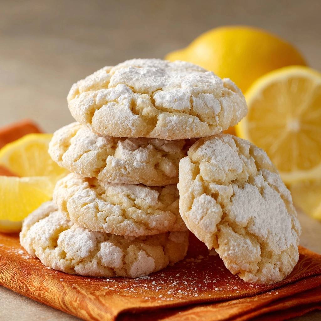 Zitronen-Crinkle-Cookies gestapelt auf einem orangefarbenen Tuch, mit Zitronenscheiben im Hintergrund.