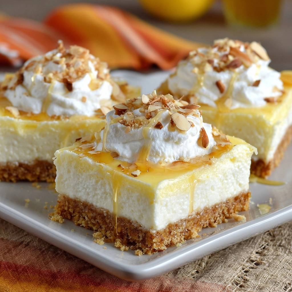 Zitronen-Honig-Mandel-Cheesecake angeschnitten und mit Sahne, Mandeln und Honig garniert, auf einem Teller serviert.