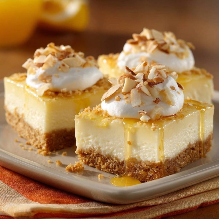 Zitronen-Honig-Mandel-Cheesecake als Anschnitt mit Sahne, Mandelsplittern und Honig serviert.