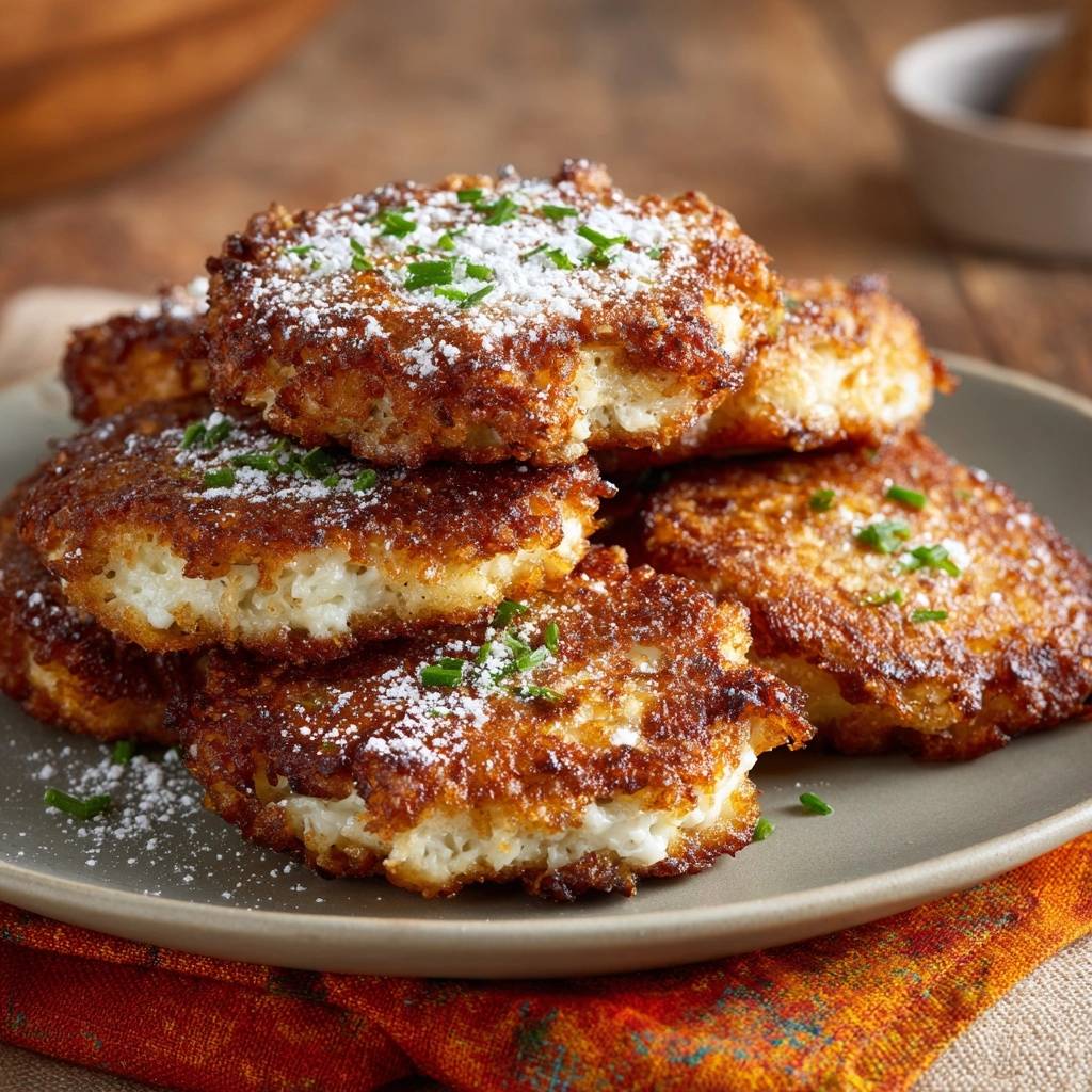 Knusprige Zucchini-Mandel-Latkes, bestäubt mit Puderzucker und garniert mit frischen Kräutern, auf einem Teller serviert.