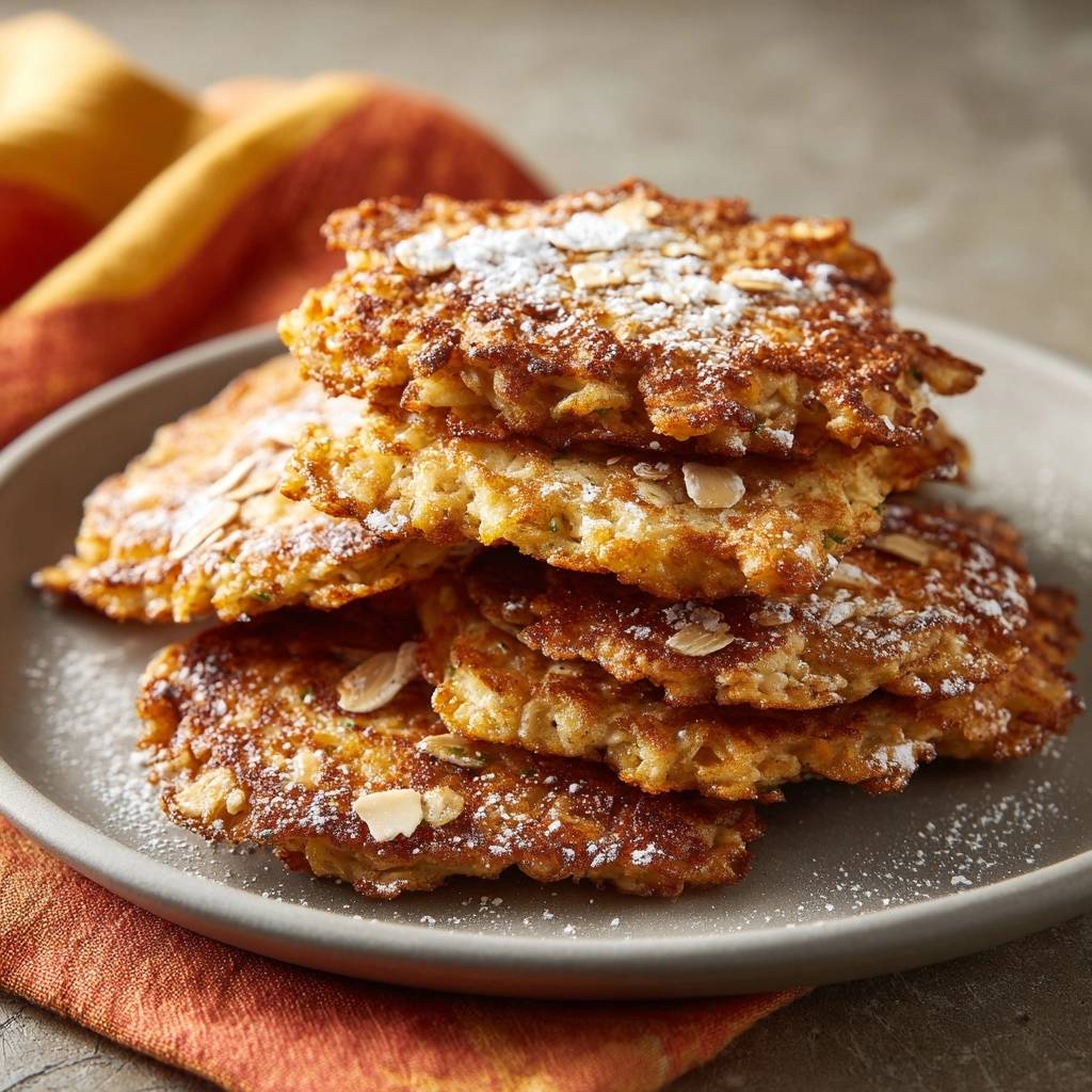 Knusprige Zucchini-Mandel-Latkes sind gestapelt und mit Puderzucker und Mandelsplittern bestreut, nahaufnahme auf einem Teller.