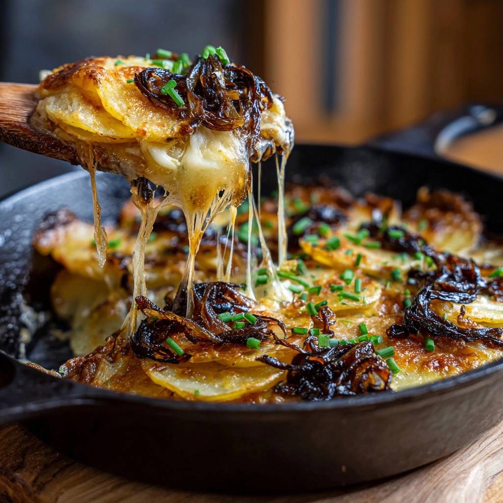 Zugiges Kartoffel-Zwiebel-Gratin wird mit geschmolzenem Käse von einem Holzlöffel gezogen, der Fäden zieht.