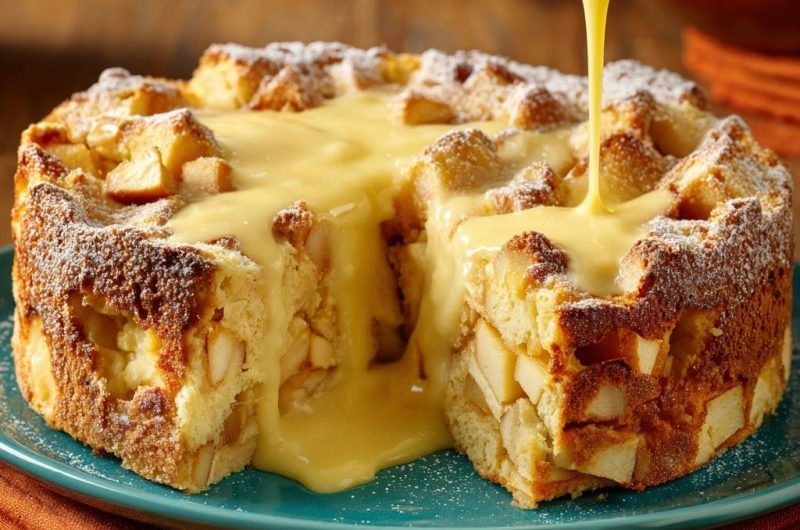 Apfel-Brotpudding mit cremiger Vanillesauce