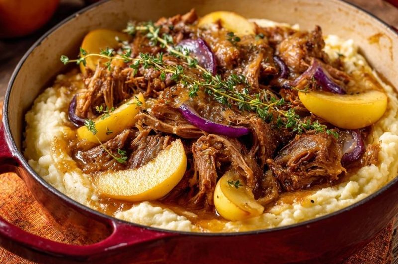 Apfel-Thymian-Pulled-Rind auf Kartoffelpüree