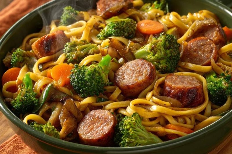 Asiatisches Wurst-Brokkoli-Nudelwok