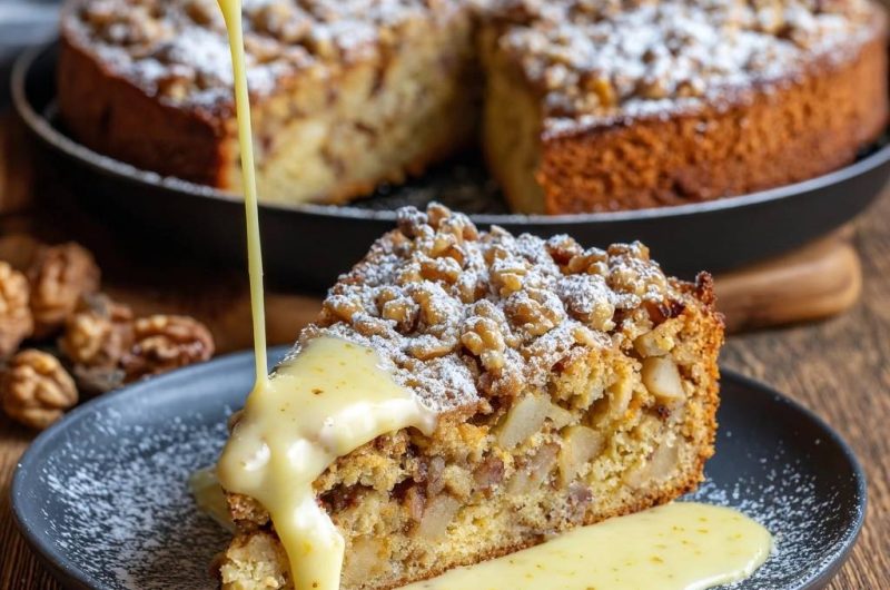 Birnen-Walnuss-Streuselkuchen mit Vanillesauce