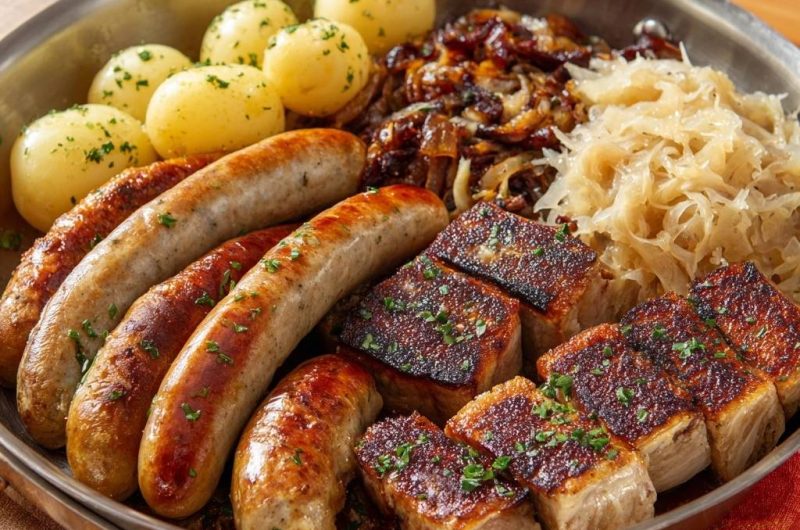 Bratkartoffel-Pfanne mit Würstchen, Sauerkraut & Speck