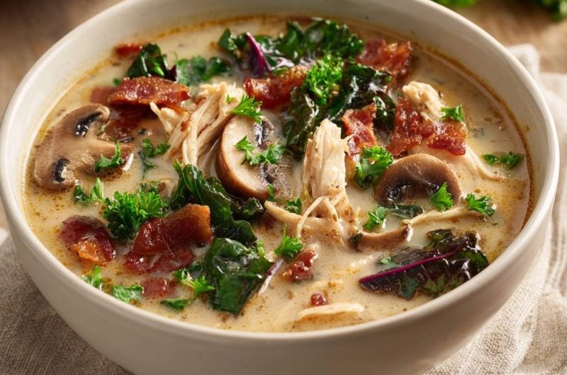 Cremige Hähnchen-Pilz-Suppe mit Grünkohl