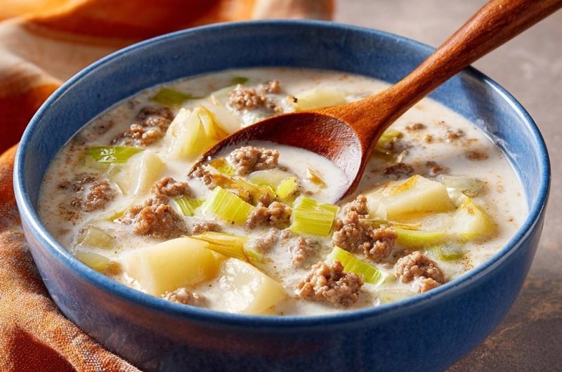Cremige Kartoffel-Lauch-Suppe mit Hackfleisch