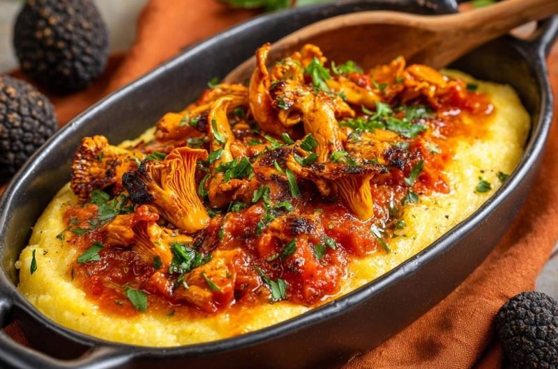 Cremige Polenta mit Röst-Pfifferlingen und Trüffel-Tomaten-Sugo