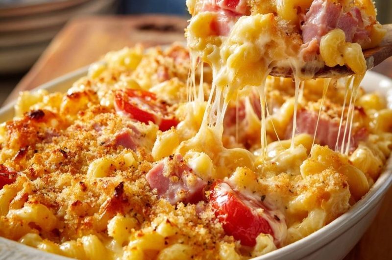 Cremiger Makkaroni-Auflauf mit Schinken und Tomaten