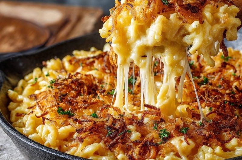 Cremiges Käsemakkaroni mit knusprigen Zwiebeln (Nie wieder matschige Zwiebeln!)