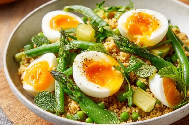 Frühlings-Couscous mit grünem Spargel und Ei