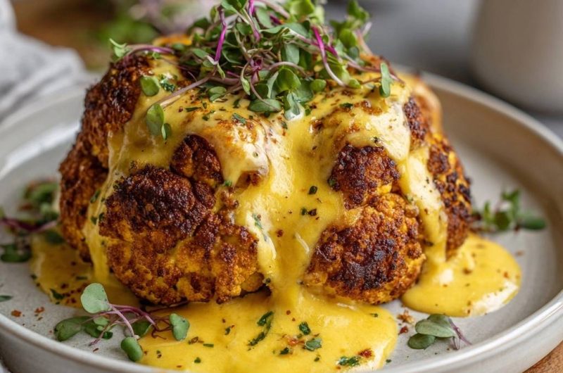 Ganzer gerösteter Blumenkohl mit Käsesauce