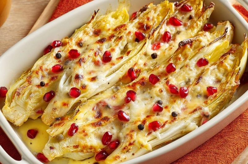 Gebackener Endivie-Gratin mit Käse und Granatapfel