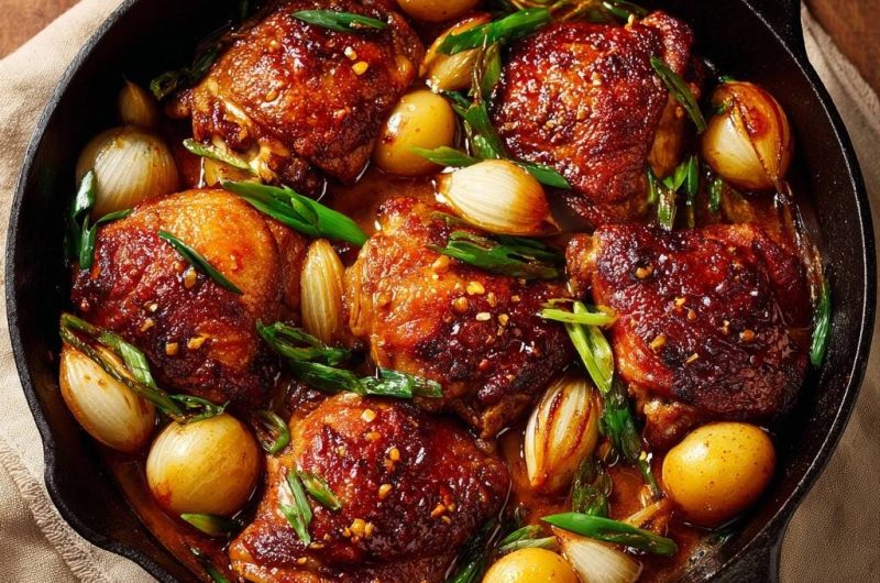 Glasierte Hähnchenschenkel aus der Pfanne (Endlich knusprige Haut!)