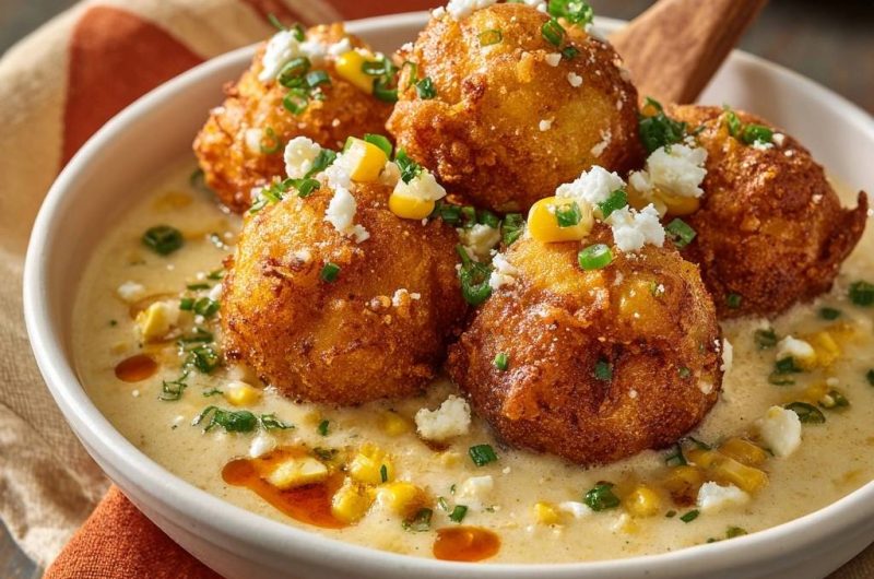 Goldene Mais-Kroketten auf cremiger Mais-Chili-Sauce